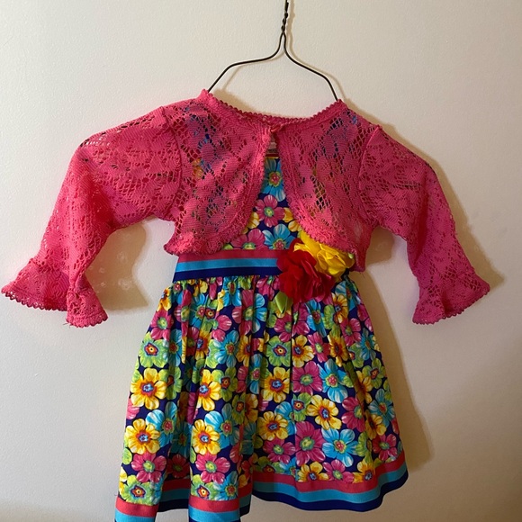 Toddler Girls 24 M Youngland multicolor flower dress, and pink shrug/sweater - Picture 2 of 13